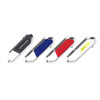 A set of four mini carabiner flash drives in black, blue, red, and white with silver accents and logos.