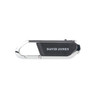 A mini carabiner flash drive in silver and black, featuring a logo on its surface.