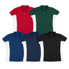 A collection of polo shirts in red, green, navy, black, and white, featuring various colour combinations. Each shirt has a collar and buttons.