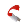 A red and silver oval clip flash drive, featuring a sleek design and a branding logo.