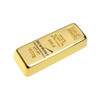 A gold bar-shaped flash drive, shining and smooth, featuring a logo and details embossed on its surface.
