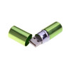 A green lip balm-shaped flash drive with a removable cap, showcasing a USB connector.
