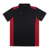 A polo shirt in navy blue with red side panels, featuring a collar and buttons, and has a logo.