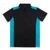 A black polo shirt with turquoise sides and a collar, featuring a logo on the chest.