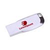 A silver Mini Key Flash Drive with a logo on its side. Compact and sleek design for easy portability.