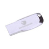 A silver Mini Key Flash Drive with a sleek design and a branding logo.