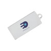A silver mini flash drive with a branding logo and a hole for attachment.