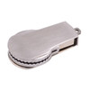 A metallic flash drive with a sleek design, featuring a grey finish and a textured band on one side.