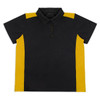 A black and yellow polo shirt with a collar, featuring short sleeves and an undefined logo.