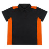 A black polo shirt with orange accents and a collar, featuring a logo on the front.