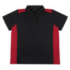 A black and red women's polo shirt featuring a collar and a logo. It has short sleeves and button detailing.