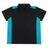 A women's polo shirt featuring a black body with turquoise side panels and a collar, suitable for casual or sporty settings.