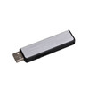 A sleek silver and black flash drive with a brushed metal finish and a USB connector.