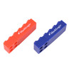 A stackable brick flash drive in red and blue colours, featuring a logo on each piece.