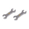 A silver dual spanner flash drive featuring a sleek design and a small logo.