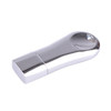 A shiny silver flash drive with a sleek, rounded design and a square base, featuring a logo.