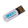 A white flash drive resembling a paper clip, featuring a gold connector and a branding logo.