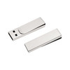 A metal clip flash drive in silver with a sleek design, featuring a removable cover and a logo.