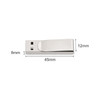 A metal clip flash drive in silver, featuring a sleek design with embedded storage dimensions.