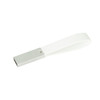 A leather strap flash drive with a silver metal casing and a white leather strap.