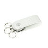 A white PU leather keychain with a swivel drive and three metal key rings, featuring an embossed logo.