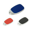 Three sliding epoxy doming flash drives in blue, red, and black, featuring a shiny metallic finish and a logo.