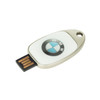 A silver and white sliding flash drive featuring a BMW logo on the front.
