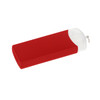 A red USB flash drive with a transparent cap, featuring a logo on the side.