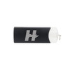 A black USB flash drive with a clear cap and a logo on the side, featuring a sleek and modern design.