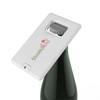 A drink bottle opener featuring a card shape design in white, with a logo on the surface.