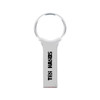 A silver keyring flash drive with a shiny finish and a keyring attachment. It features a logo on the body.