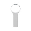 A silver keyring flash drive with a polished finish and a circular attachment loop.