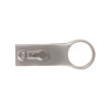 A silver USB flash drive with a circular end and a sliding cover, featuring a logo.