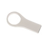 A sleek silver USB flash drive featuring a large circular handle for easy grip.