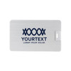 A small silver alloy flash drive shaped like a card, featuring a logo or branding on the surface.