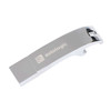 A drink bottle opener and flash drive in a sleek silver metal design, featuring a logo on its surface.