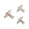 A white double-end swivel Type C flash drive with three variations featuring different logos.