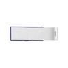 A drink bottle opener in blue and white, featuring a flash drive design with a logo.