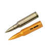 A flash drive shaped like a bullet, featuring metallic silver and gold finishes, with a logo on one side.