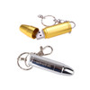 A gold and silver bullet-shaped flash drive displayed with keychain attachments, featuring a logo on the silver model.