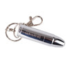 A silver waterproof bullet flash drive attached to a keyring with a clasp. It features a logo on its side.
