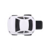 A white and black car-shaped flash drive with a USB connector, featuring a simple design and a logo.