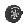 A black rubber USB drive shaped like a tyre, featuring a silver wheel design and a logo.
