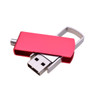 A red swivel flash drive with a metallic silver swivel mechanism and a USB connector. It features a logo on the body.