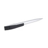 A silver USB memory pen with a black cap and a sleek design, featuring a logo on the side.