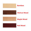 A collection of four rectangular wooden flash drives in bamboo, walnut, maple, and red wood finishes, featuring a logo.