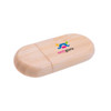 A bamboo flash drive with a rounded oblong shape and a logo displayed on the surface.