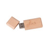 A wooden flash drive in natural colour with a removable cap, featuring a logo on its surface.