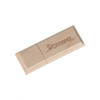 A wooden flash drive featuring a logo, showcasing a rectangular design with smooth edges.