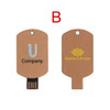 A brown eco-friendly flash drive with a black USB connector, featuring two designs with logos on each side.